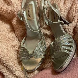 adorable, worn once, rainbow/silvery sparkly heels, strappy at top